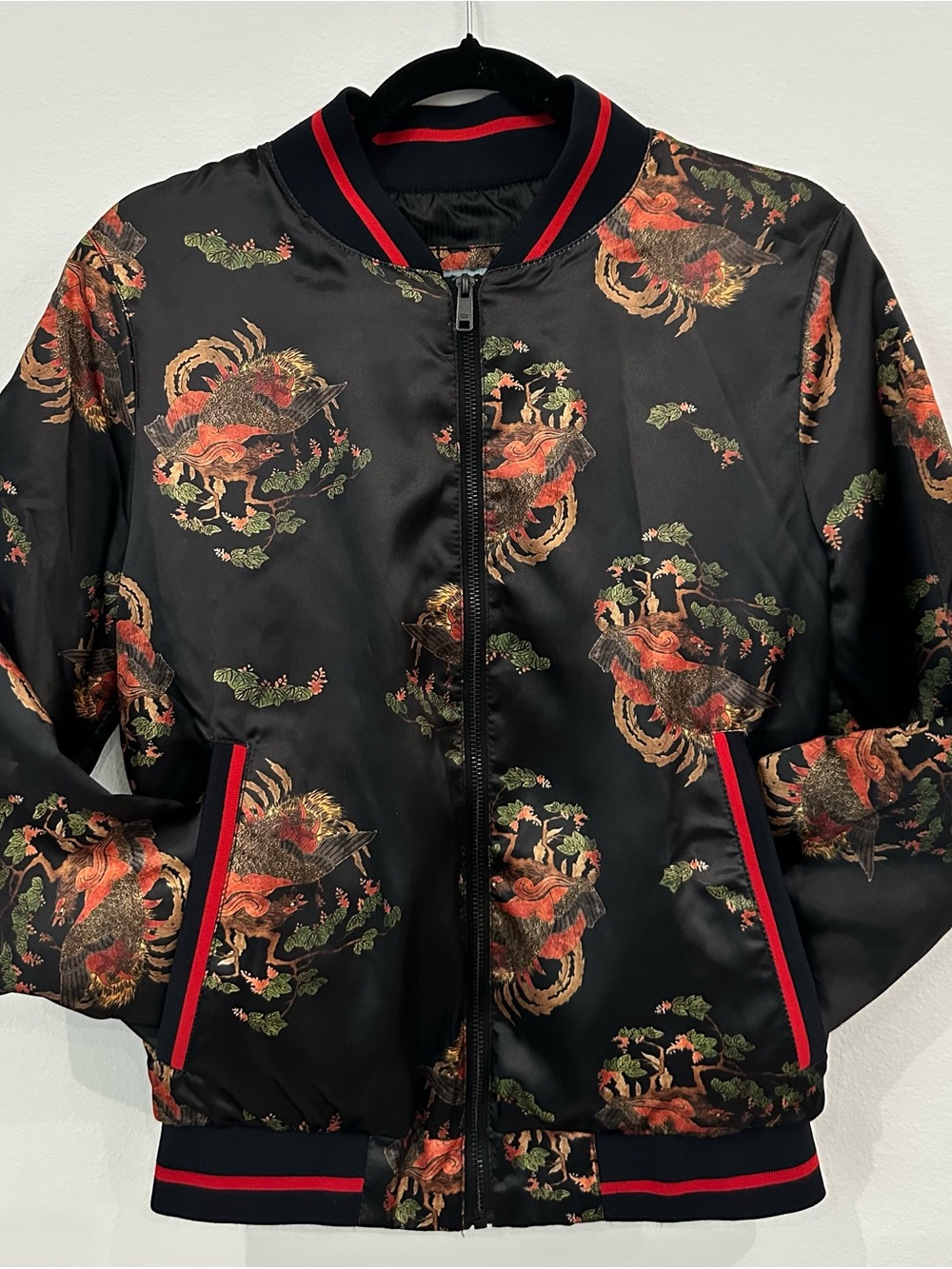 Zara Black Satin Bomber Jacket with Red Trim and Gold Embroidery